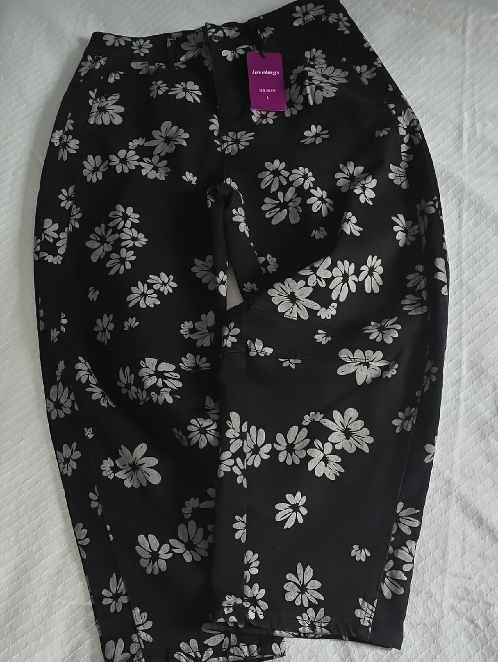 Floral Wide-Leg Denim Pants - Black with Light Blue Print - Picture 2 of 13